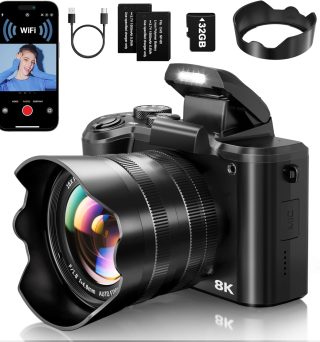 8K Digital Cameras for Photography - Autofocus 88MP WiFi Vlogging Camera for YouTube with Dual-Lens - 16X Digital Zoom Vlog Camera with Lens Hood, Flash, Touch Screen, 2 Batteries, 32GB TF Card