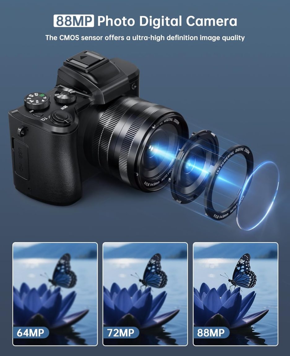 8K Digital Cameras for Photography - Autofocus 88MP WiFi Vlogging Camera for YouTube with Dual-Lens - 16X Digital Zoom Vlog Camera with Lens Hood, Flash, Touch Screen, 2 Batteries, 32GB TF Card - Image 3