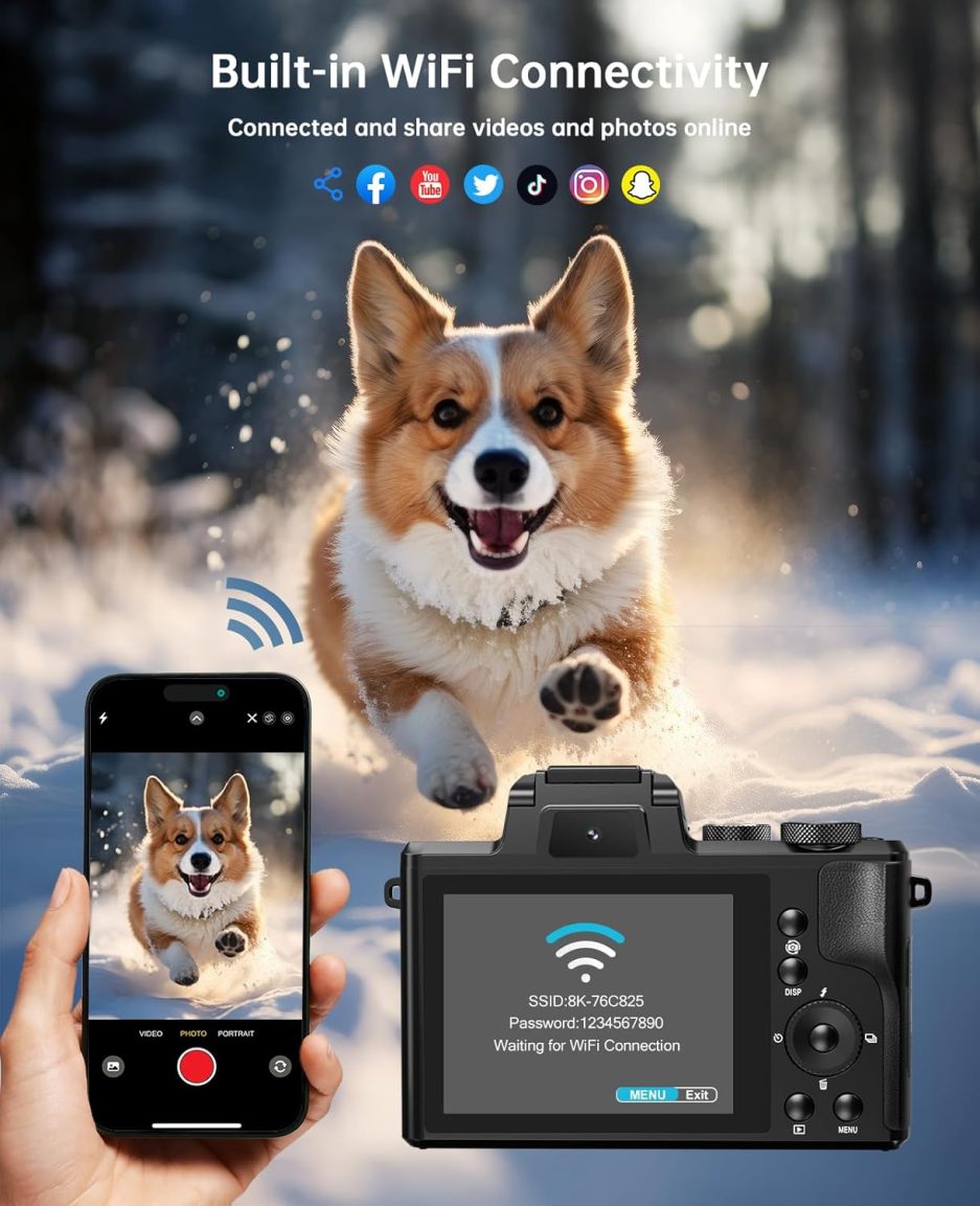 8K Digital Cameras for Photography - Autofocus 88MP WiFi Vlogging Camera for YouTube with Dual-Lens - 16X Digital Zoom Vlog Camera with Lens Hood, Flash, Touch Screen, 2 Batteries, 32GB TF Card - Image 5