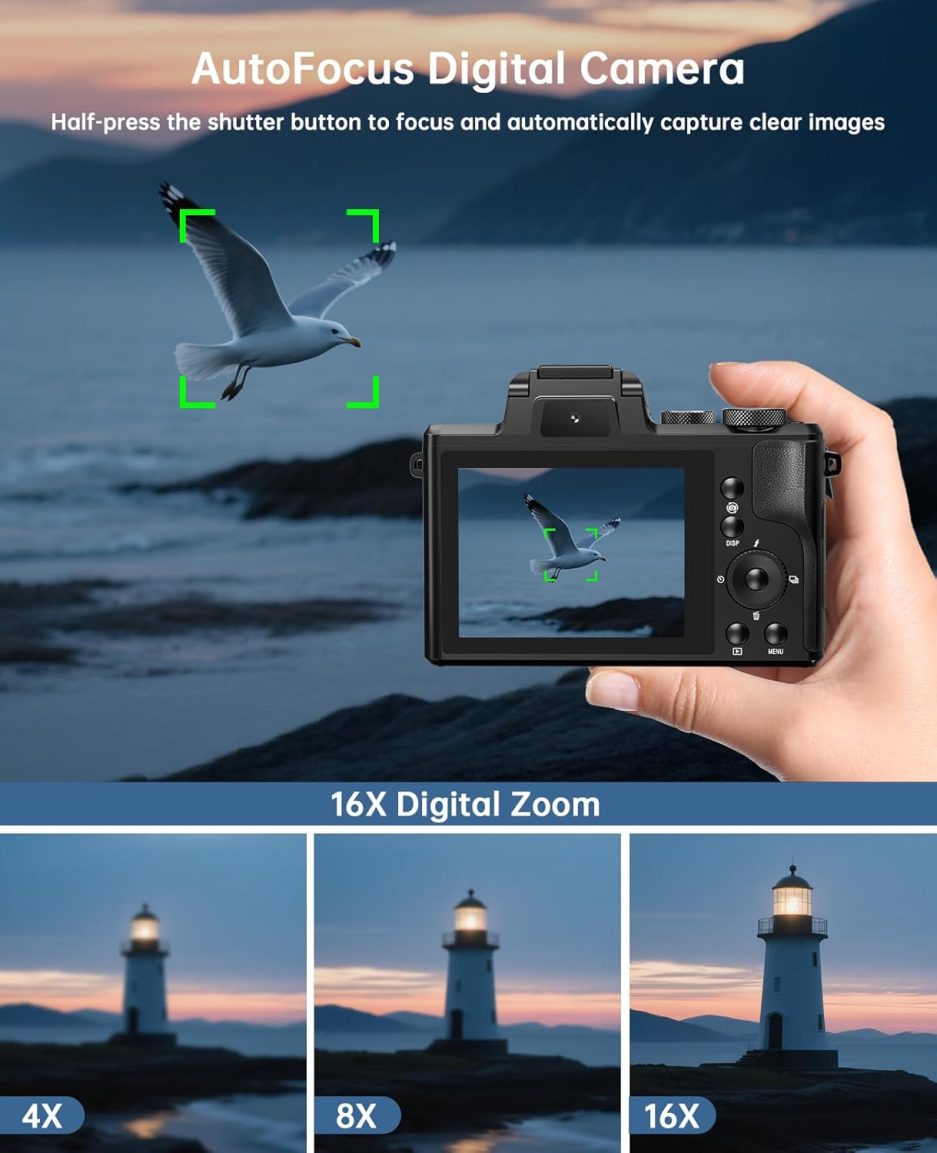 8K Digital Cameras for Photography - Autofocus 88MP WiFi Vlogging Camera for YouTube with Dual-Lens - 16X Digital Zoom Vlog Camera with Lens Hood, Flash, Touch Screen, 2 Batteries, 32GB TF Card - Image 6