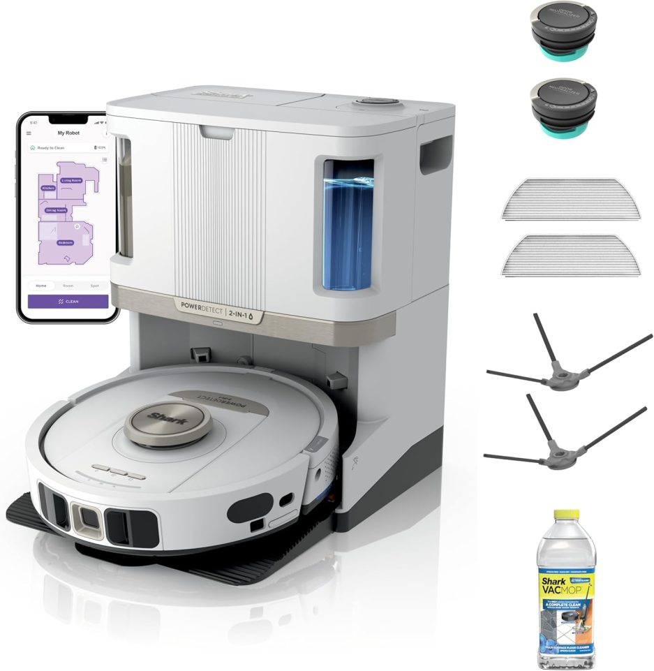 Shark Robot Vacuum & Mop Combo, PowerDetect NeverTouch Pro,Self-Emptying,Self-Refill with Self-Clean Pad Wash & Dry, 60-Day Debris Capacity,30-Day Refill Tank, 5PowerDetect Technologies,White,AV2800ZE